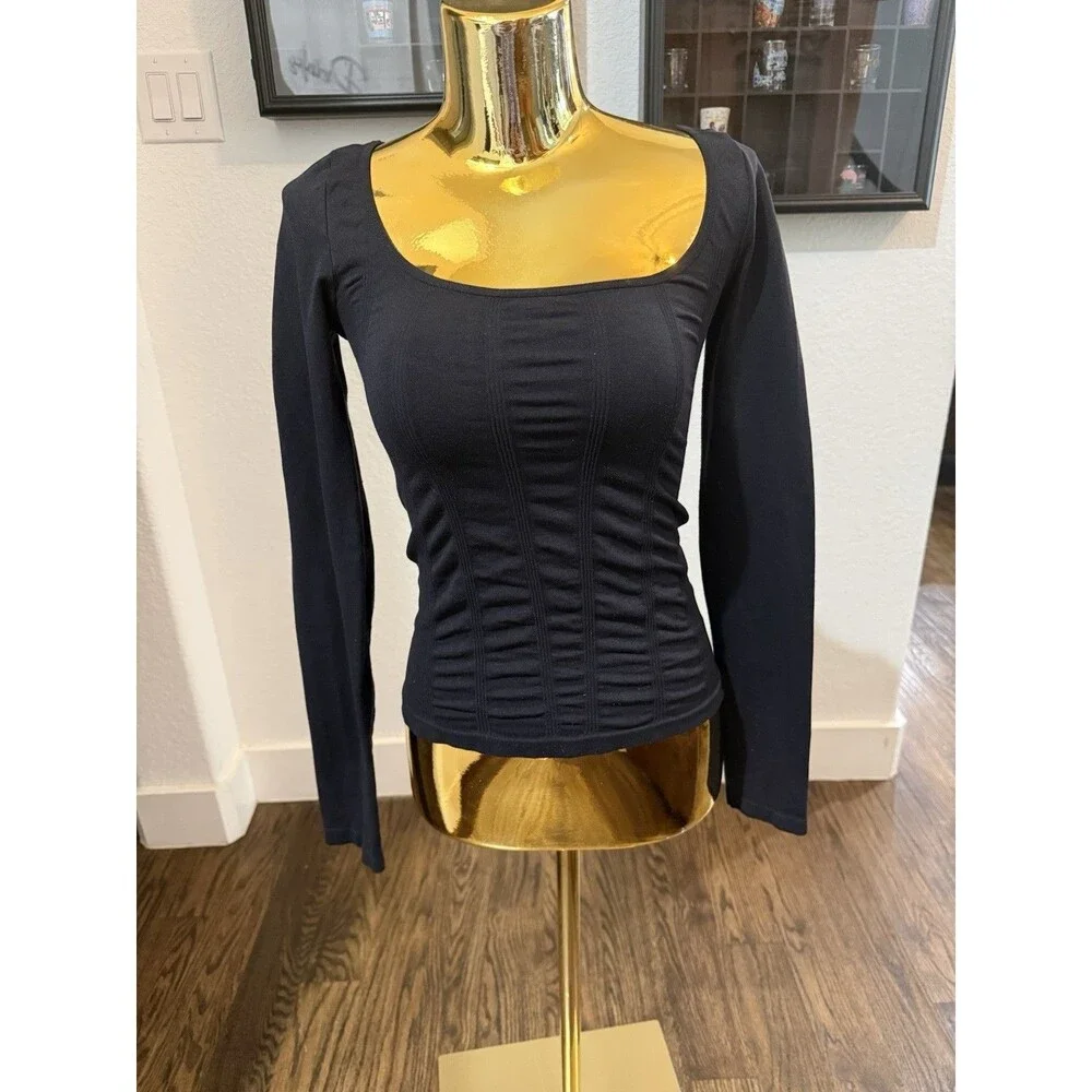 Intimately Free People Ruched Long Sleeve Top M/L Black Square Neck Stretch USA
